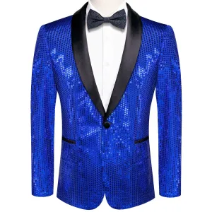 Hi-Tie Sequin Blazer Black Shawl Collar Blue Solid Suit Tie Set