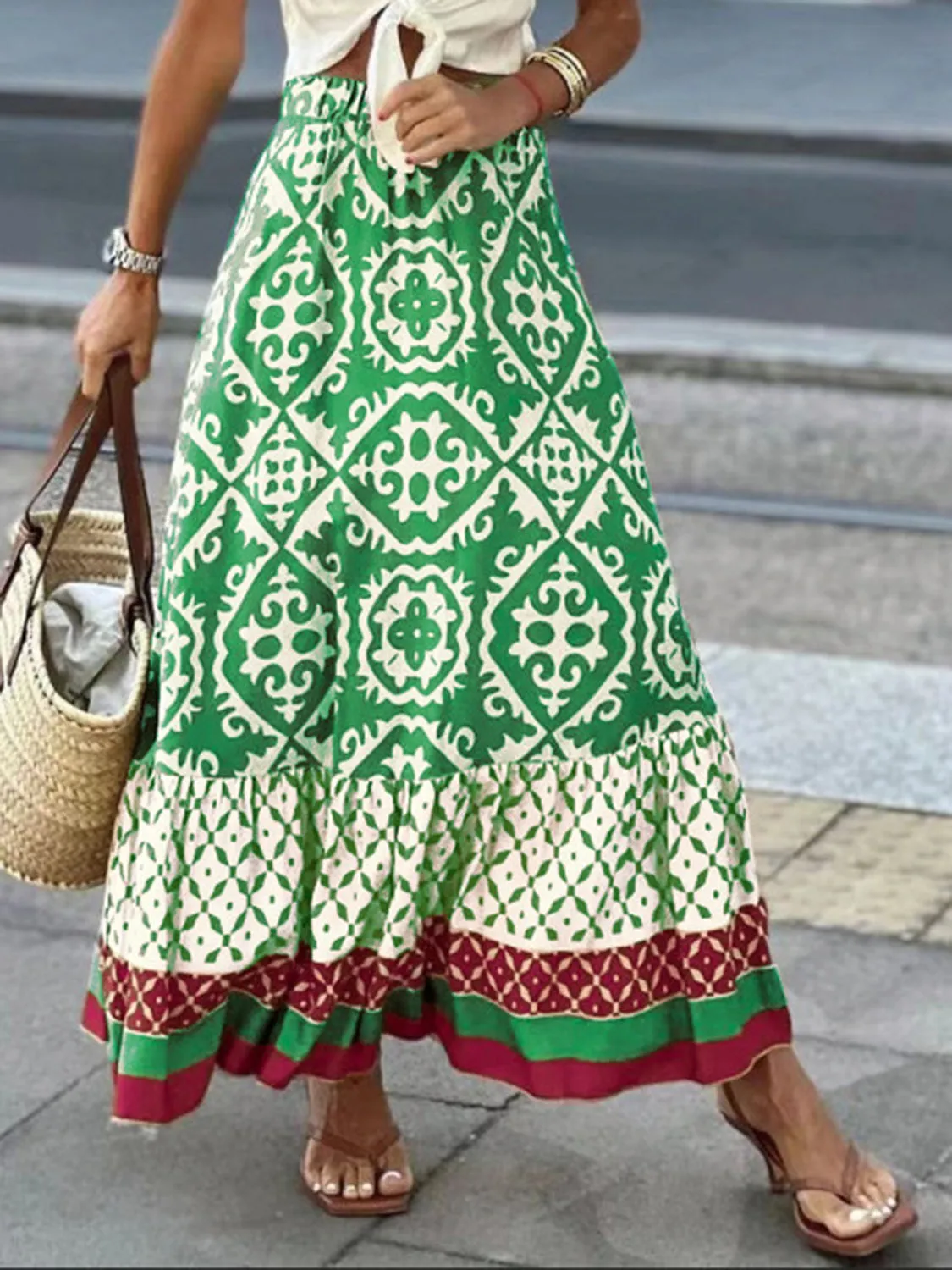 🌿 Geometric Elastic Waist Maxi Skirt 🌿