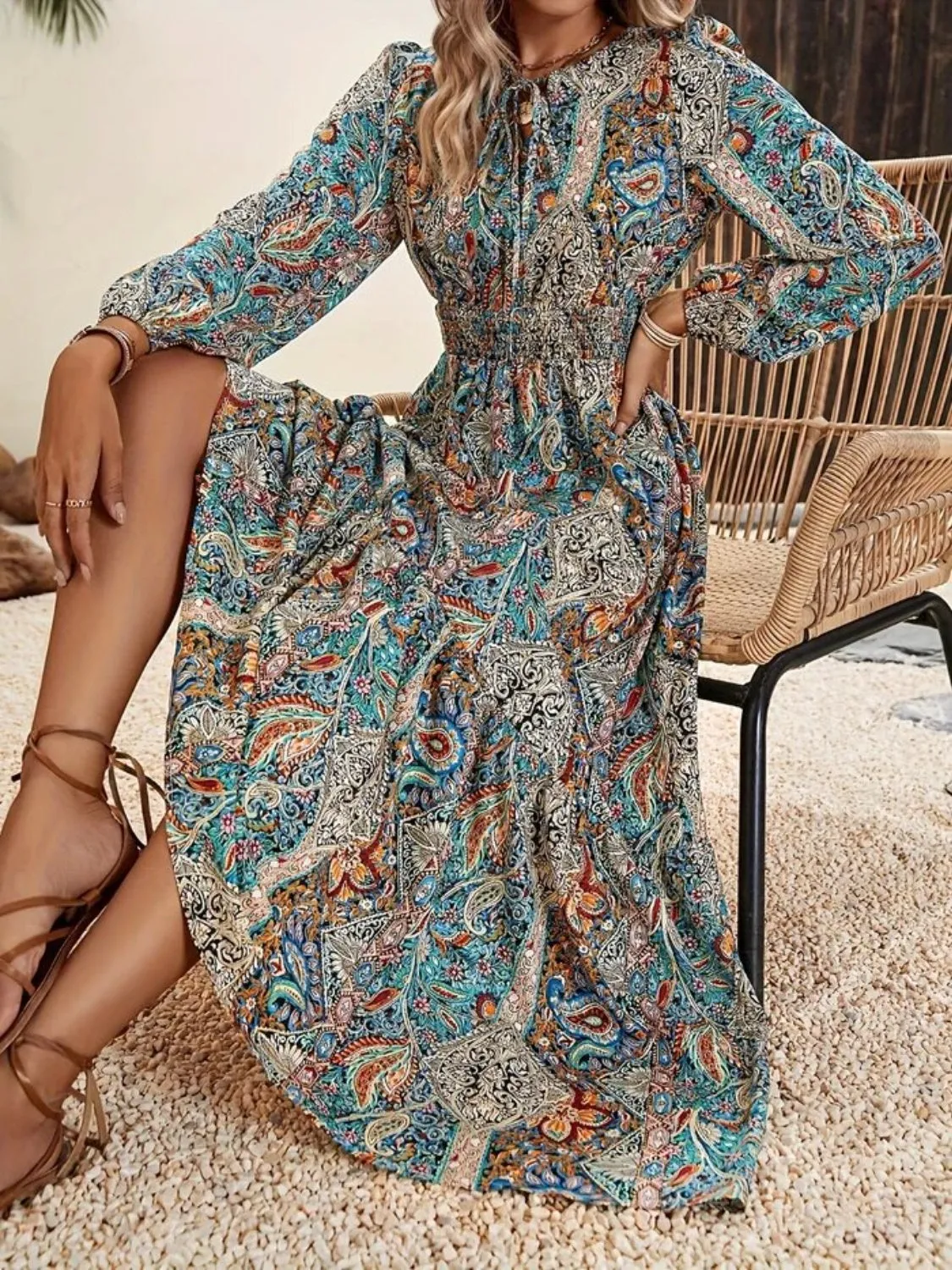 🌸 Printed Tie Neck Long Sleeve Maxi Dress 🌸