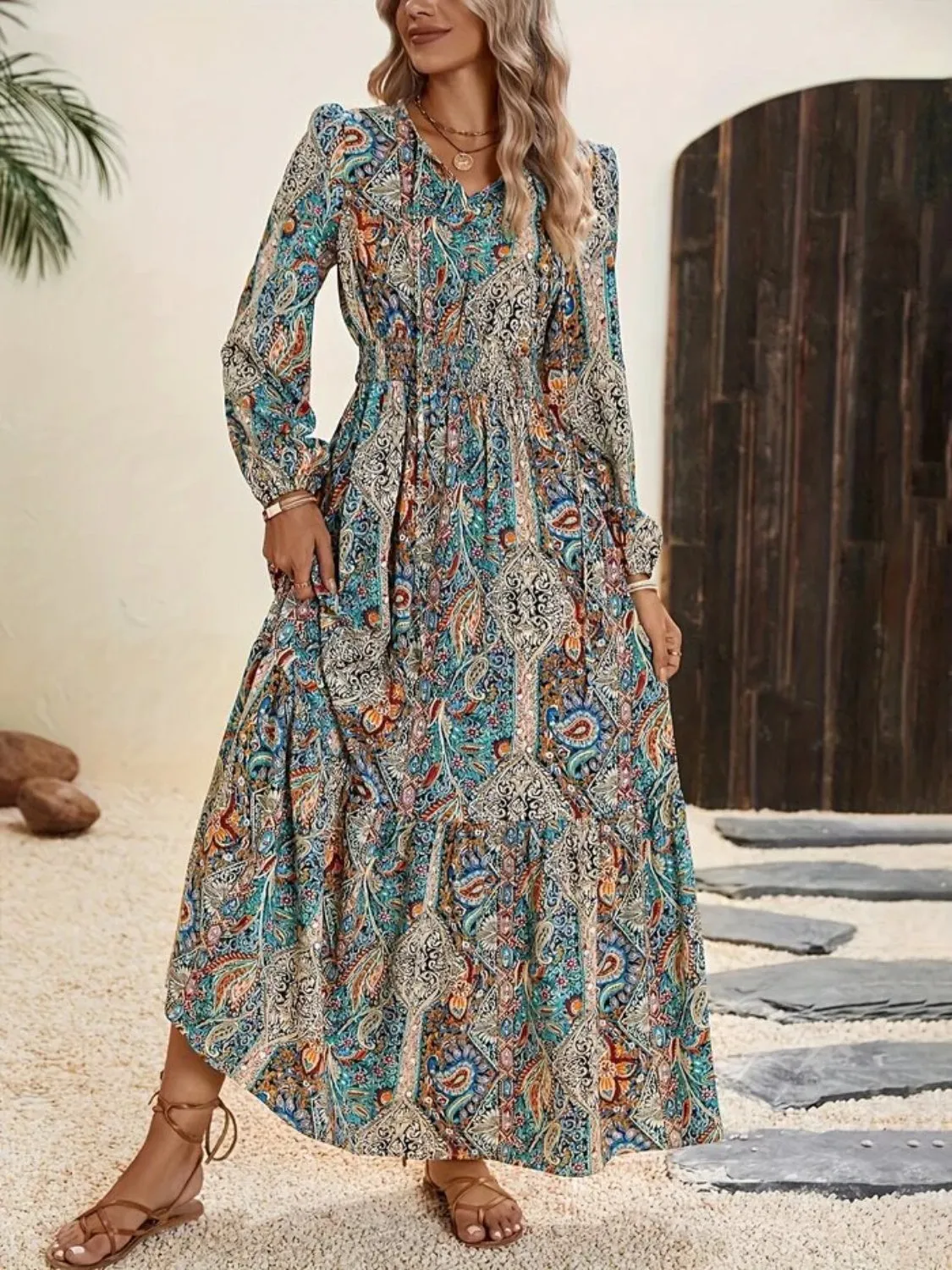 🌸 Printed Tie Neck Long Sleeve Maxi Dress 🌸