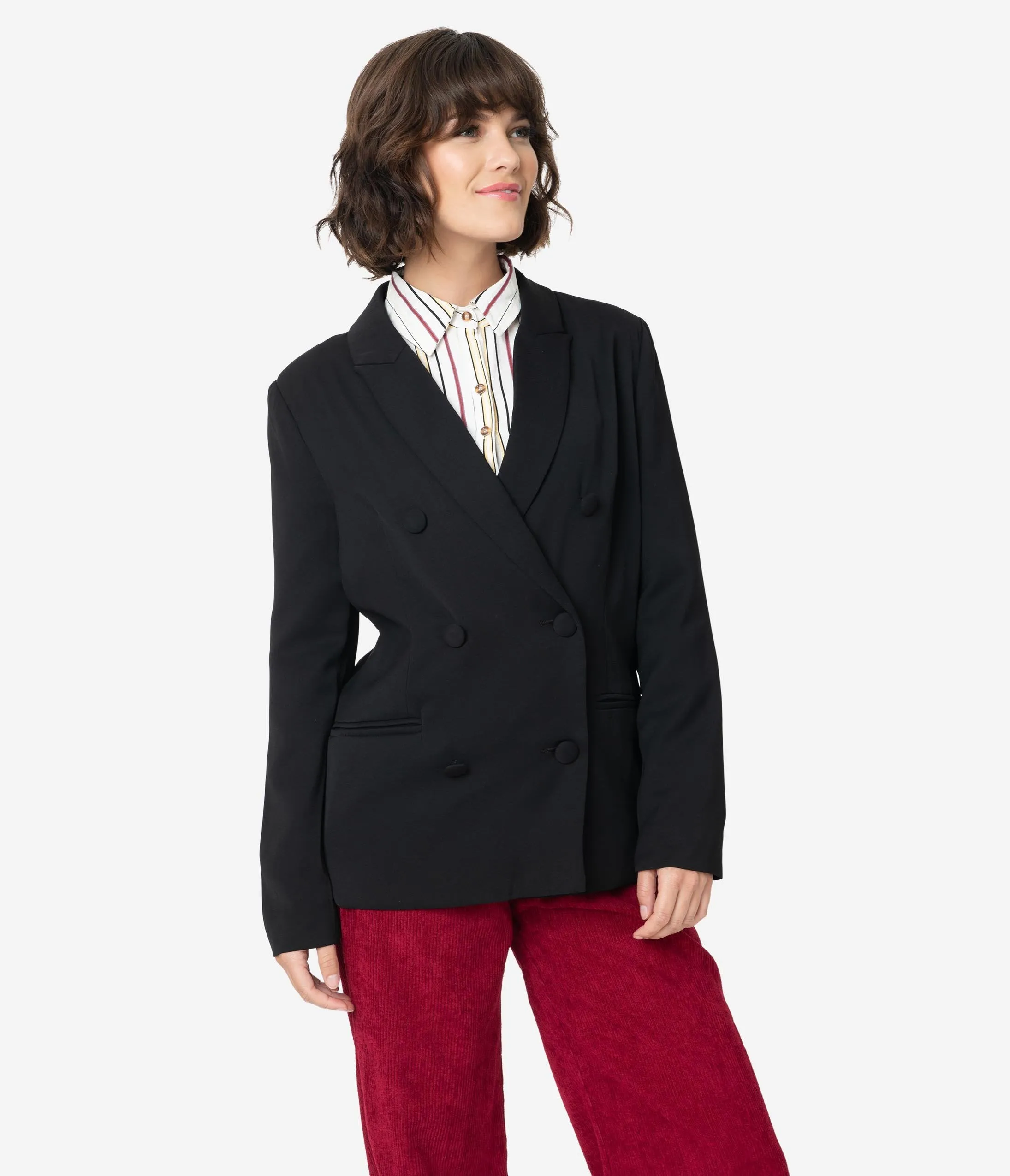 1980s Style Black Double Breasted Long Sleeve Blazer