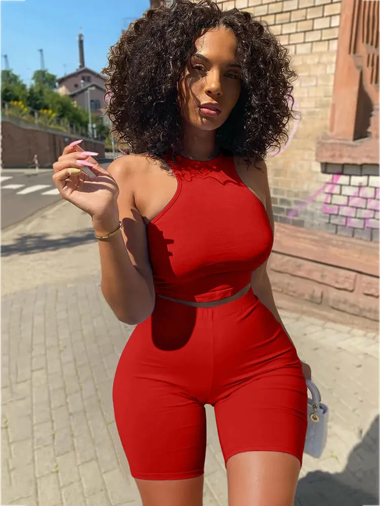 2 Piece Solid Color Sleeveless Crop Top   Short Set