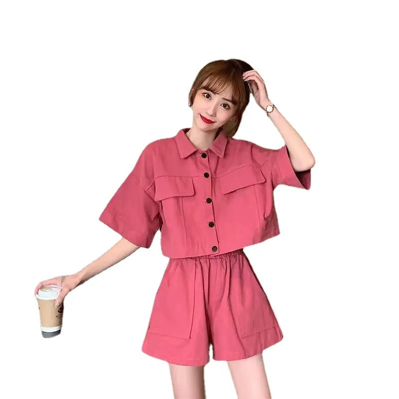 2022 summer jacket pants 2 pc set crop shirt frock coat big pocket wide leg shorts cargo streetwear