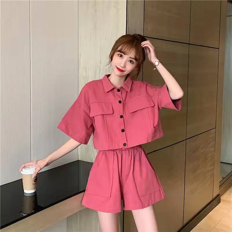 2022 summer jacket pants 2 pc set crop shirt frock coat big pocket wide leg shorts cargo streetwear