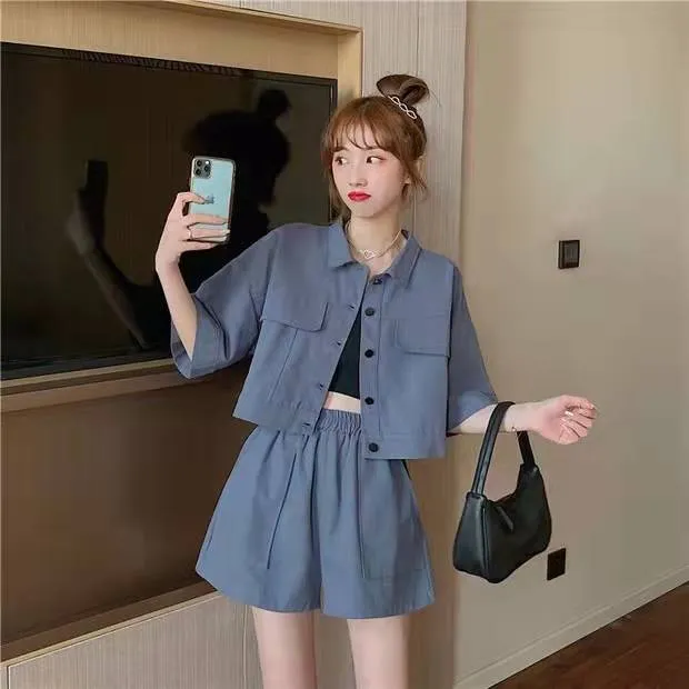 2022 summer jacket pants 2 pc set crop shirt frock coat big pocket wide leg shorts cargo streetwear