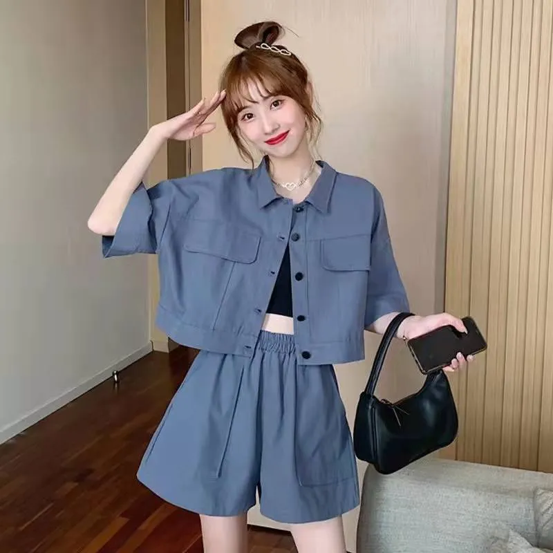 2022 summer jacket pants 2 pc set crop shirt frock coat big pocket wide leg shorts cargo streetwear