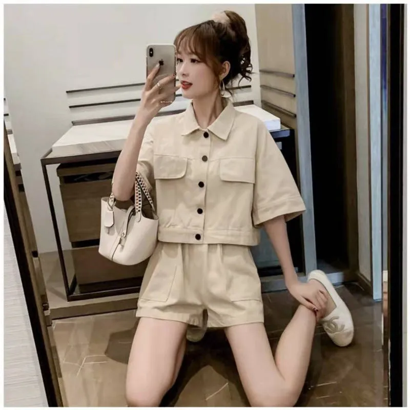 2022 summer jacket pants 2 pc set crop shirt frock coat big pocket wide leg shorts cargo streetwear