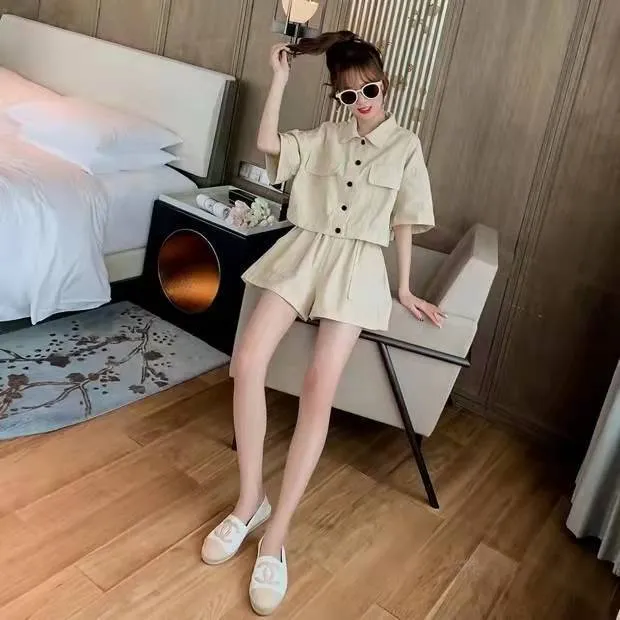 2022 summer jacket pants 2 pc set crop shirt frock coat big pocket wide leg shorts cargo streetwear