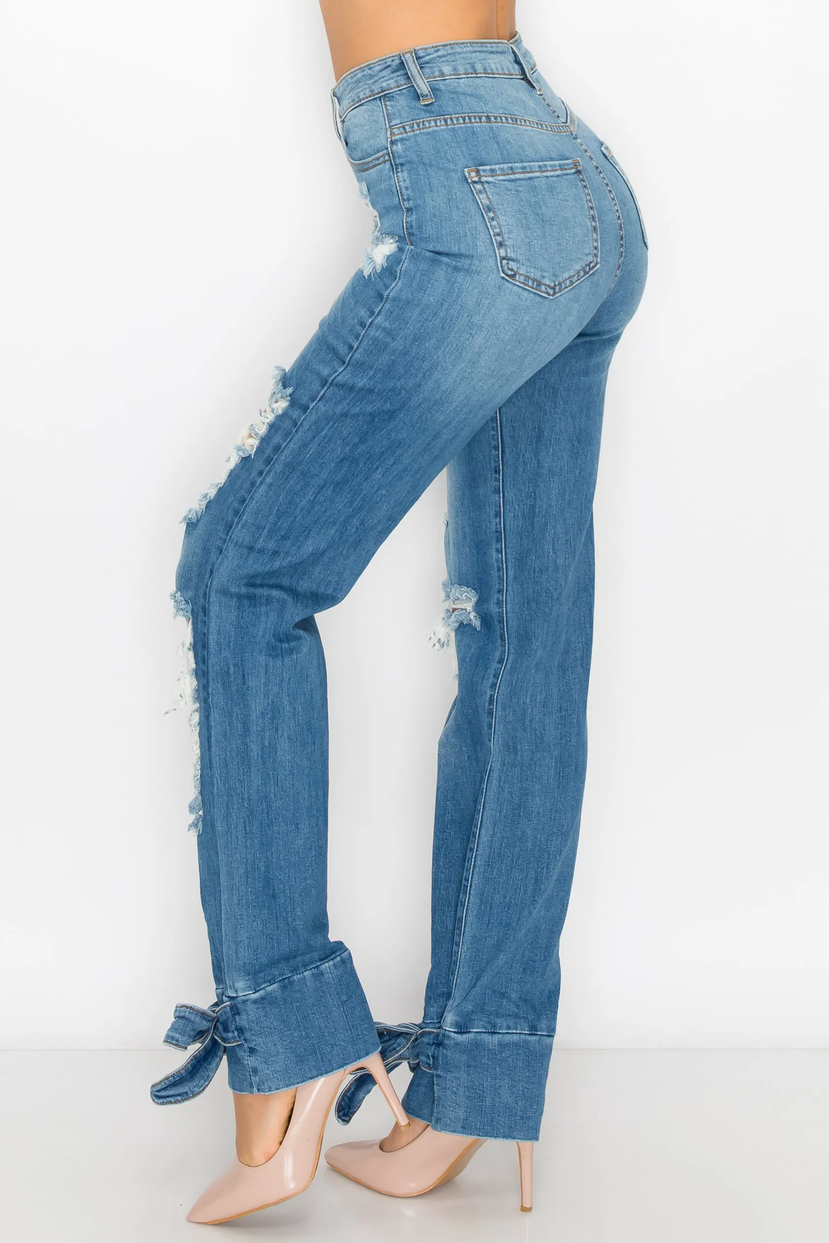 40029 Women's High Waisted Distressed Ankle Ties Wide Leg Jeans