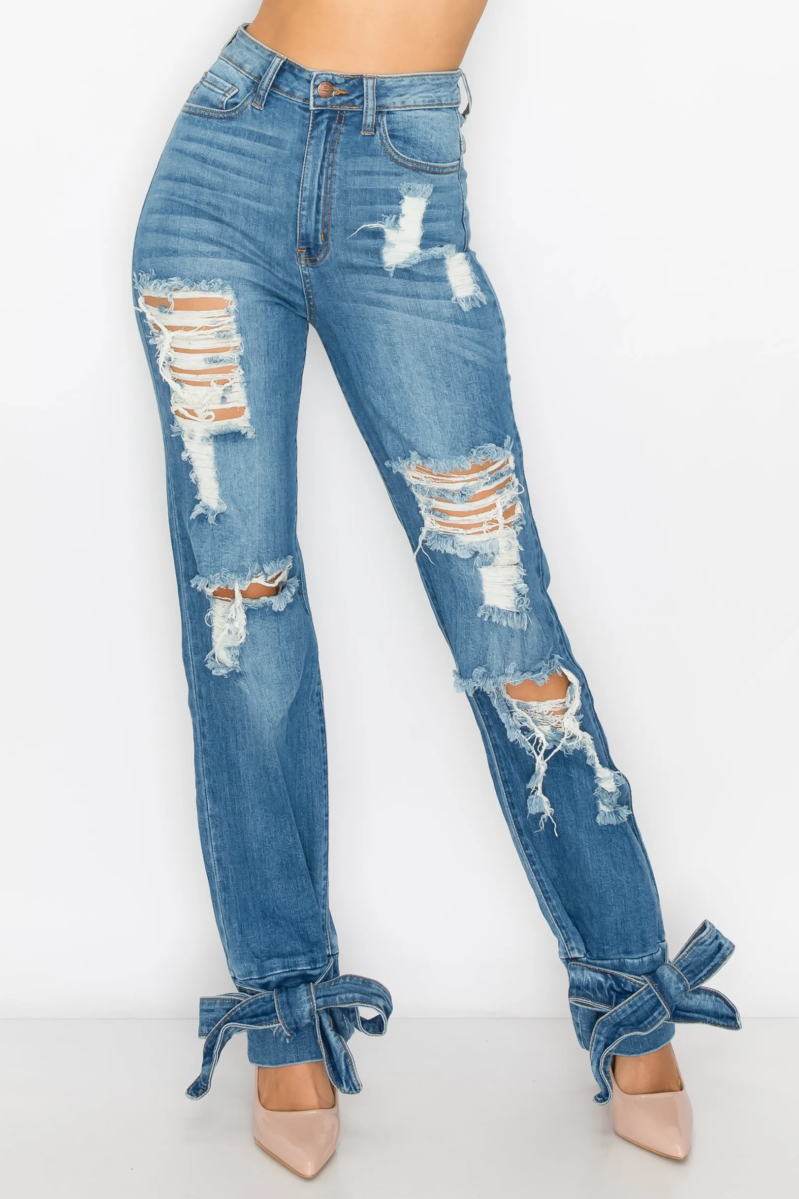 40029 Women's High Waisted Distressed Ankle Ties Wide Leg Jeans