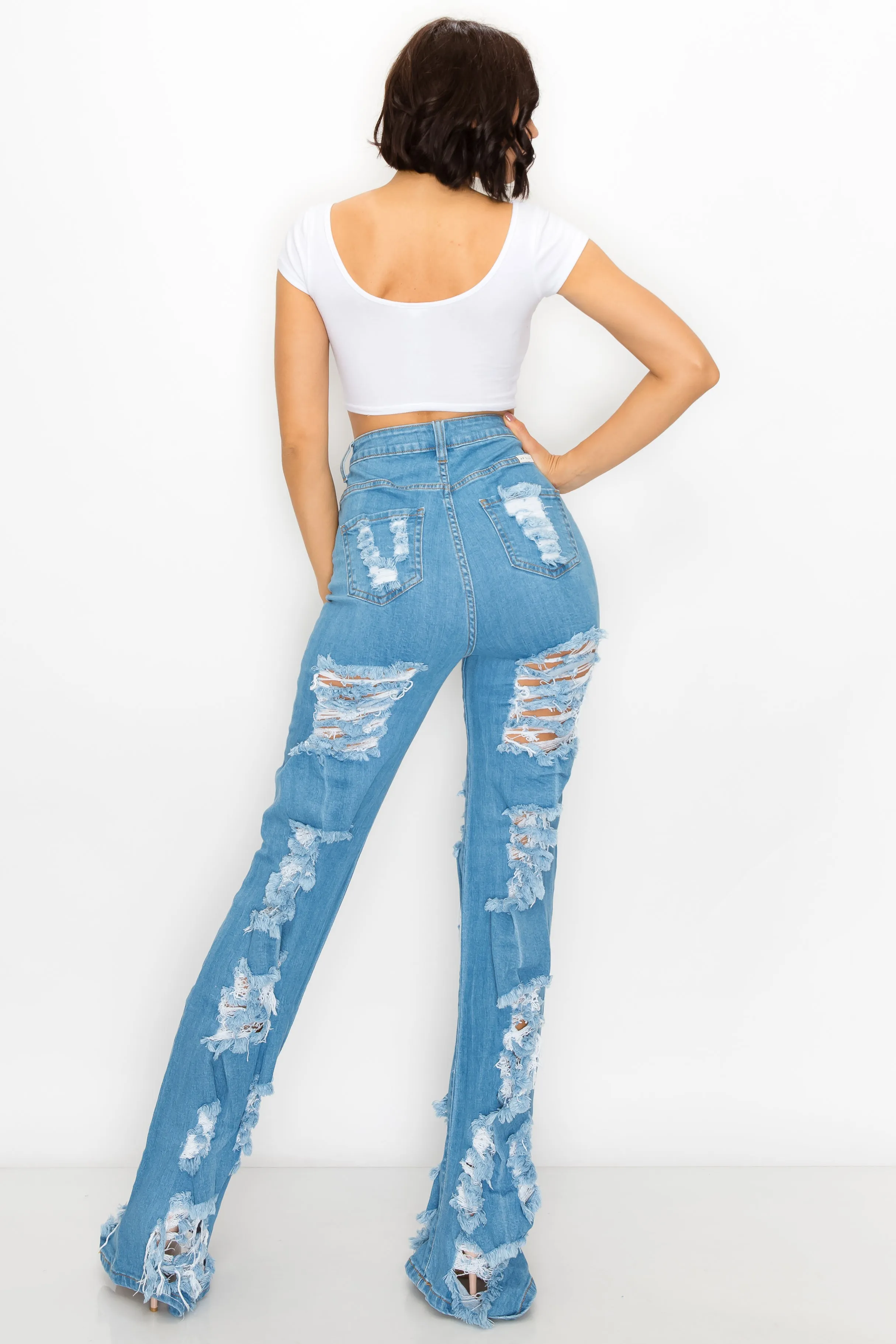 40030 Women'S High Waisted Distressed Wide Leg Jeans with Cut Outs