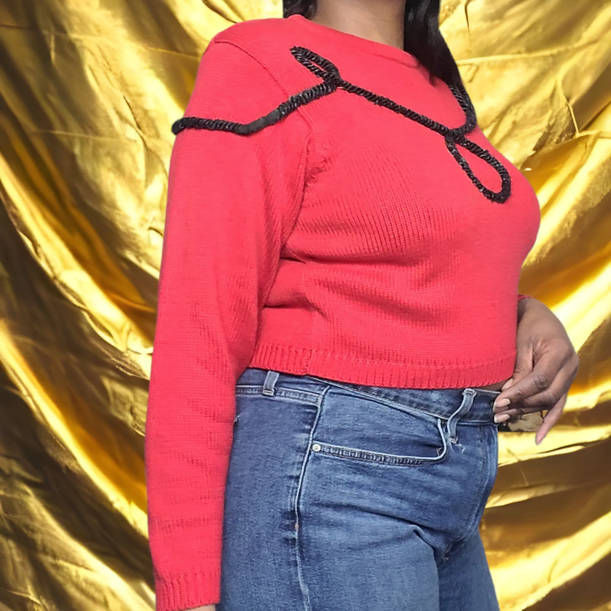 90s Vintage Chaus Red and Black Rope Sweater Size M