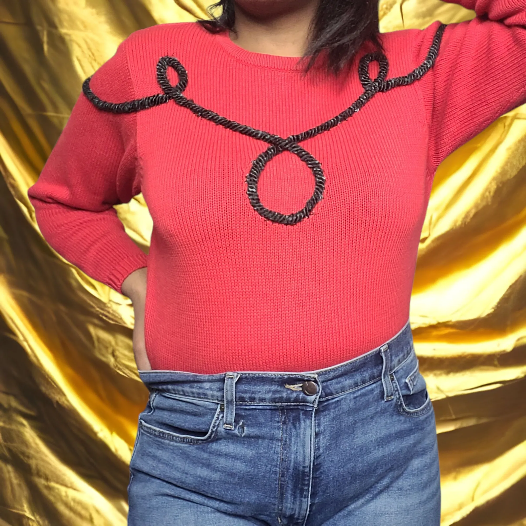 90s Vintage Chaus Red and Black Rope Sweater Size M