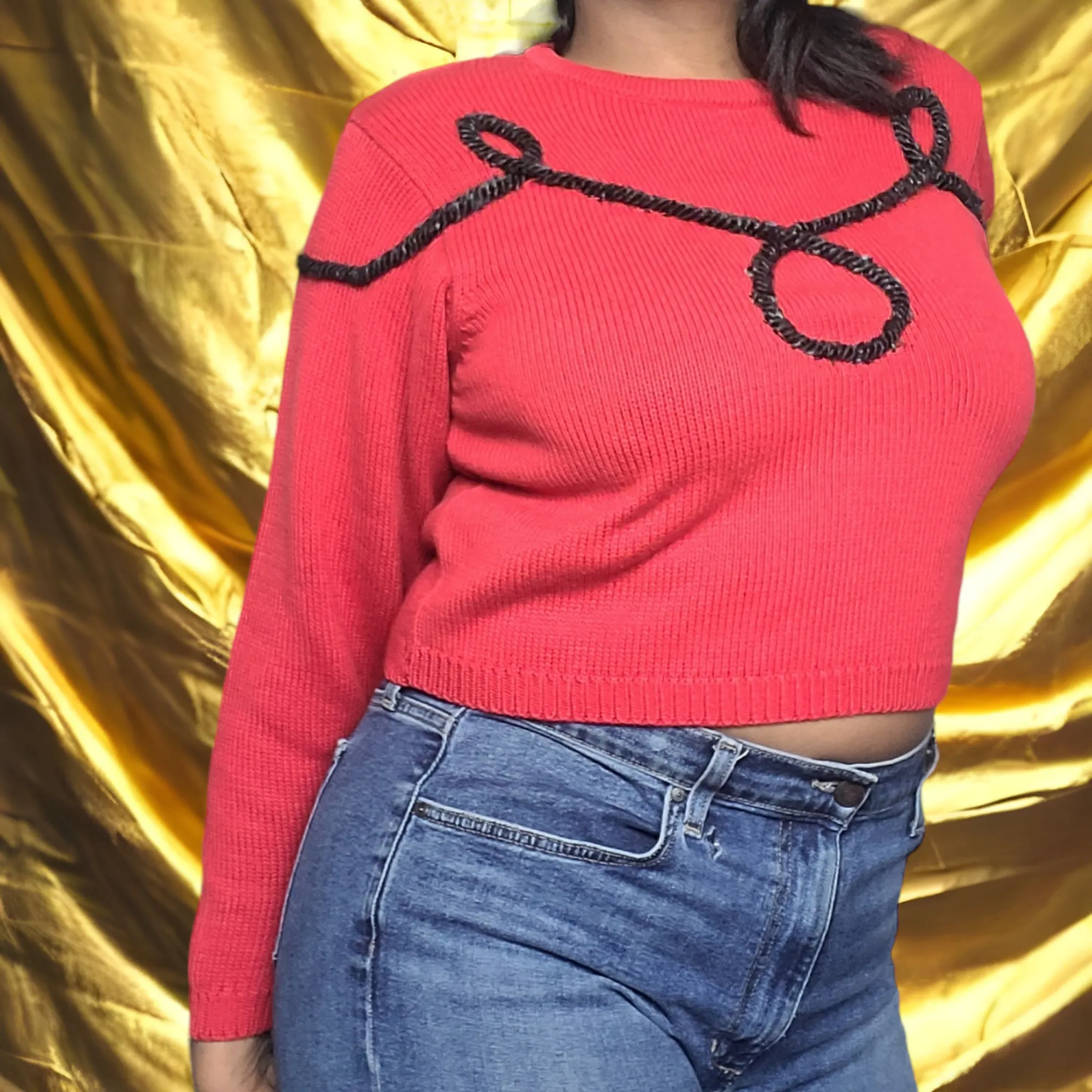 90s Vintage Chaus Red and Black Rope Sweater Size M