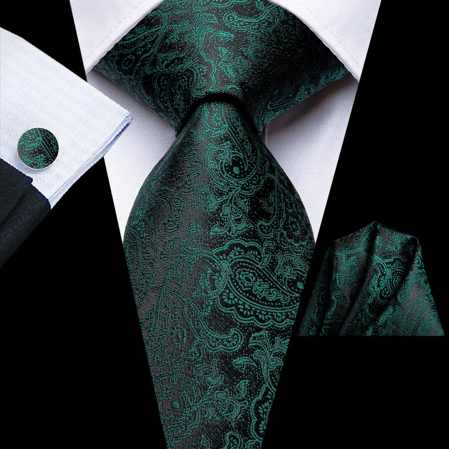 $9.99 Hi-Tie Dark Green Black Paisley Men's Tie Pocket Square Cufflinks Set