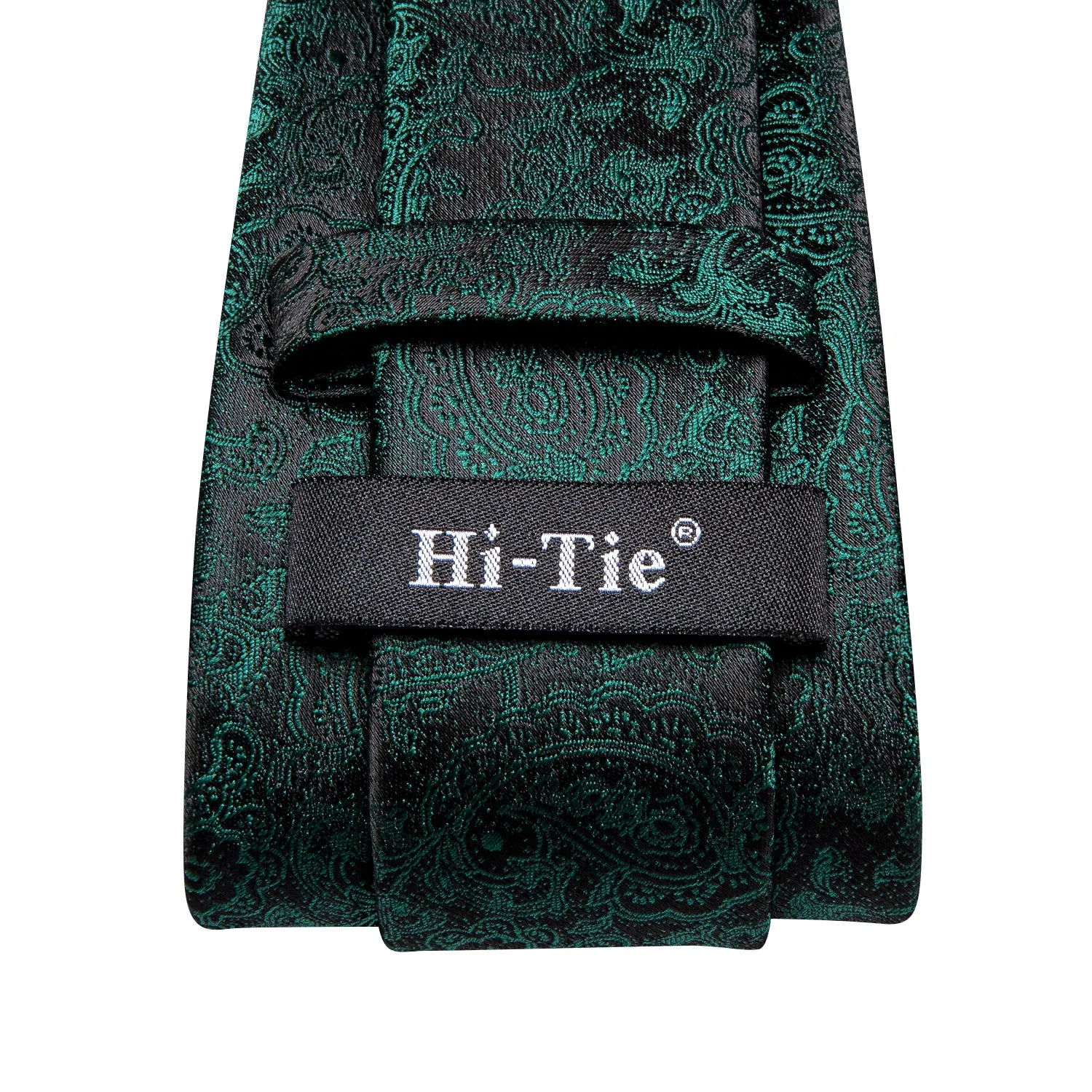 $9.99 Hi-Tie Dark Green Black Paisley Men's Tie Pocket Square Cufflinks Set