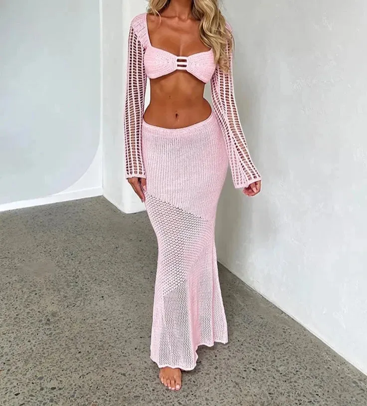 A&A Crochet Knit Two Piece Crop Top and Maxi Skirt Set