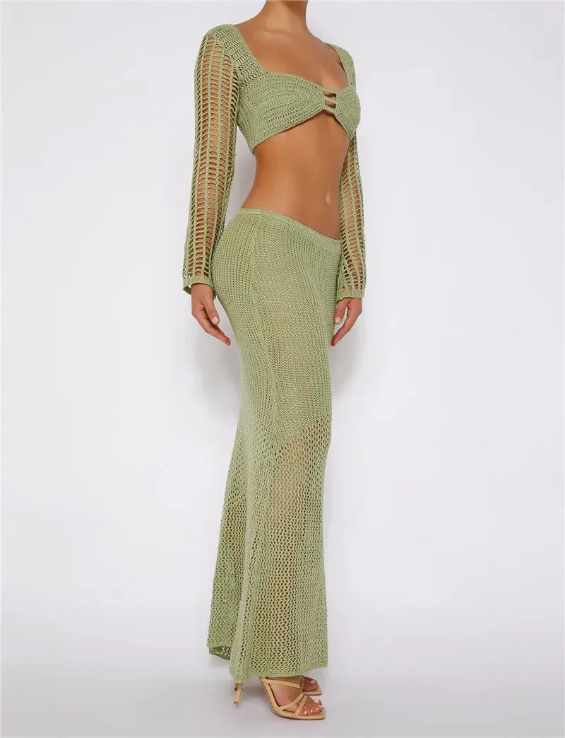 A&A Crochet Knit Two Piece Crop Top and Maxi Skirt Set