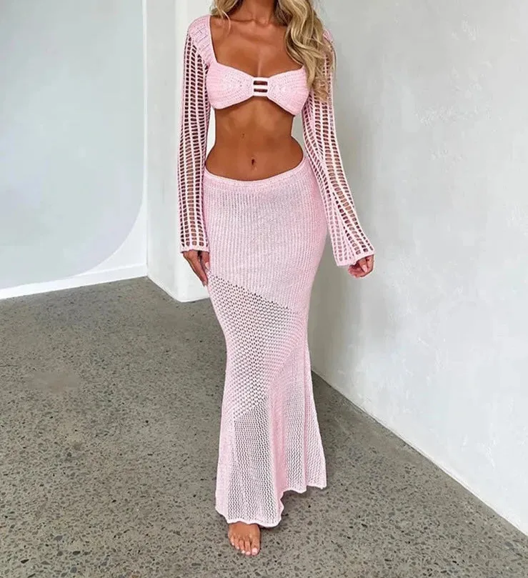 A&A Crochet Knit Two Piece Crop Top and Maxi Skirt Set