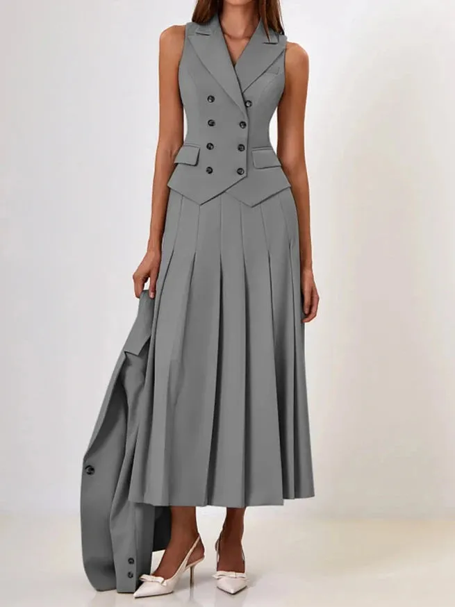 A&A Notched Elegant Collar Vest And Pleated Maxi Skirt Set