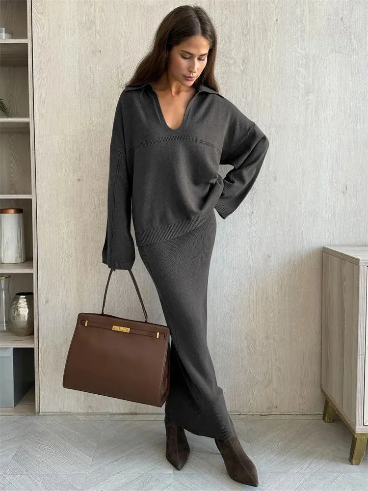 Amozae Autumn 2 Piece-Set Maxi Skirt Female V-Neck Loose Patchwork Fashion Pullover And Long Skirt Sets Elegant Ladies Outfits