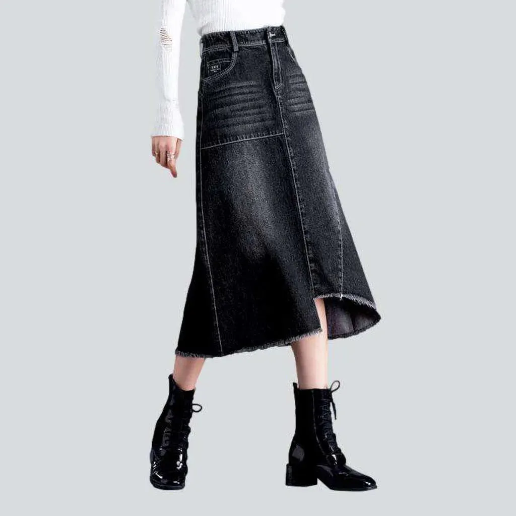 Asymmetric hem whiskered denim skirt