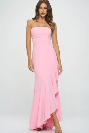 Baby Pink Strapless High Slit Ruffle Long Formal Dress