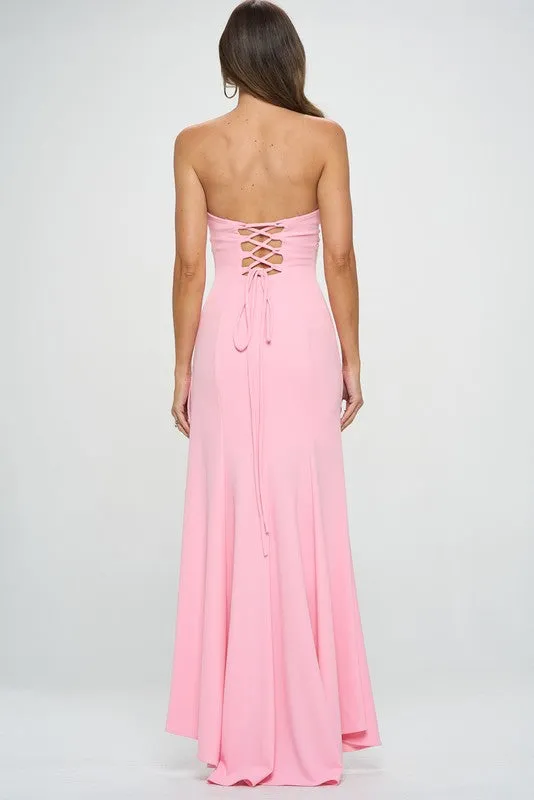 Baby Pink Strapless High Slit Ruffle Long Formal Dress