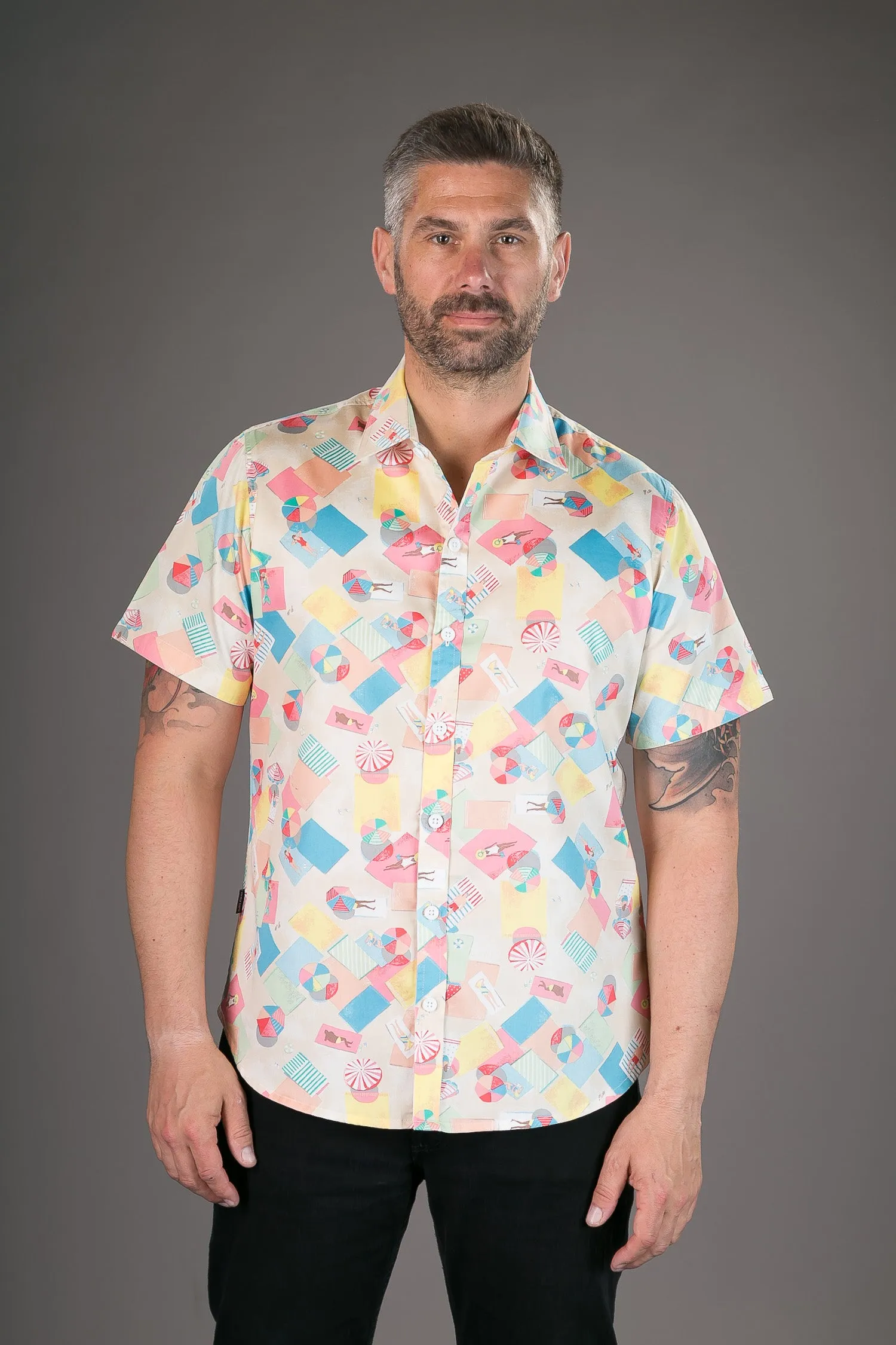 Beach Sunbathing Print Cotton Slim Fit Mens Shirt Short Sleeve