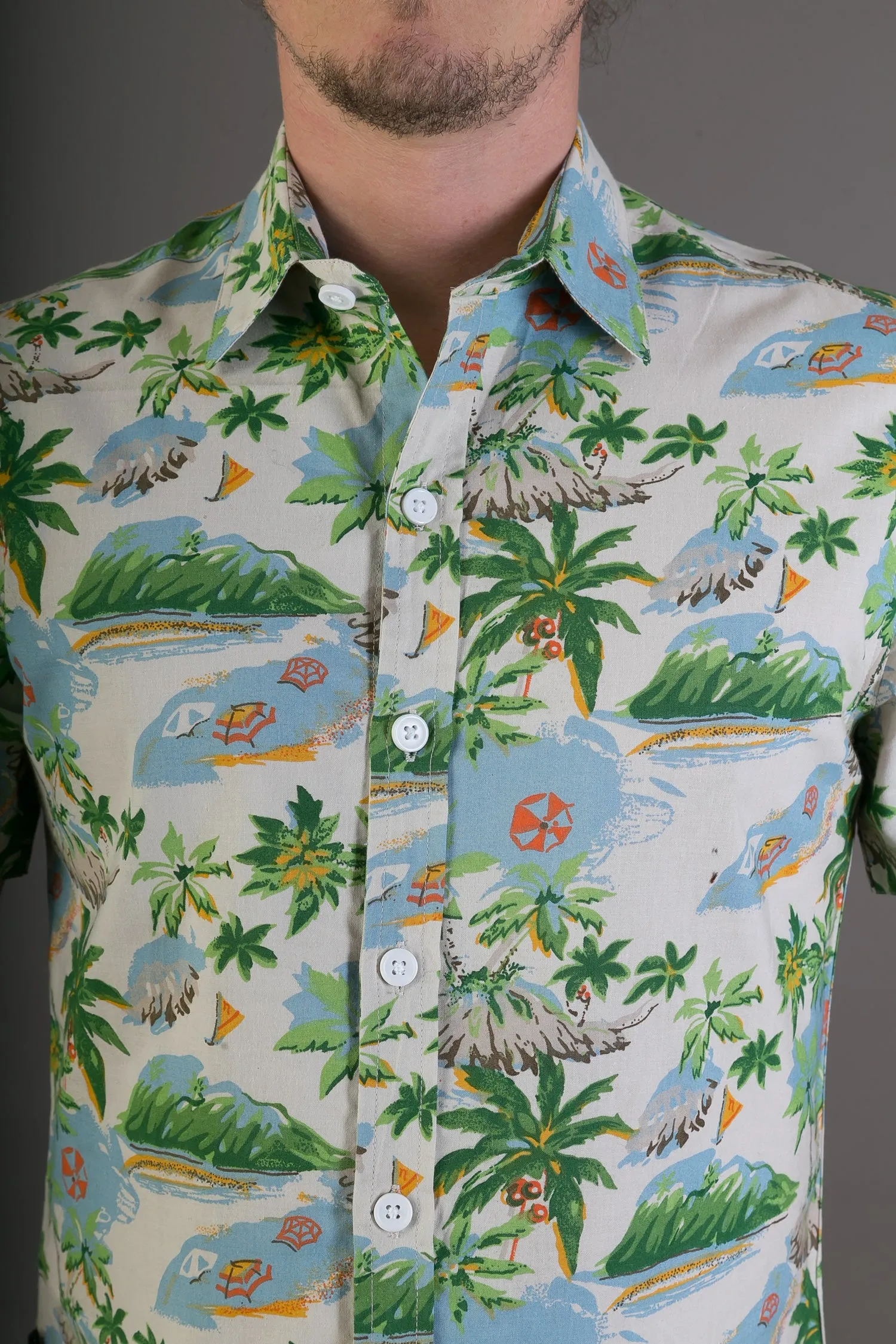 Beach Tropical Island Hawaiian Palm Tree Print Cotton Slim Fit Mens Shirt Short Sleeve