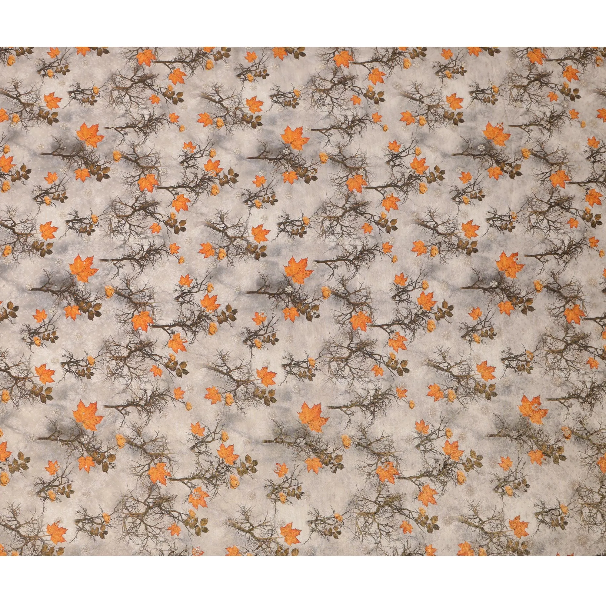 Beige Autumn Leaves Viscose Crepe Digital Print Fabric, 110 cm Wide, Made in India-D20977