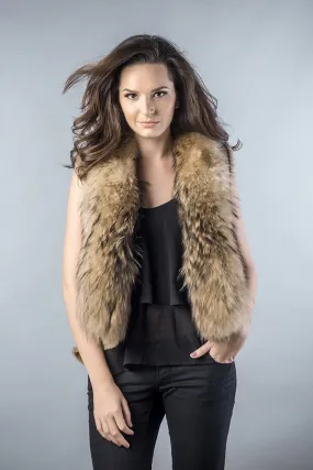 Beige Lamb Nappa Leather Vest with Raccoon Fur Detailing