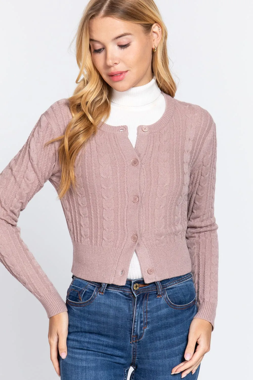 Beige Pink Long Sleeve Cropped Cardigan Crew Neck Solid Button Down Knit Bolero Shrugs_