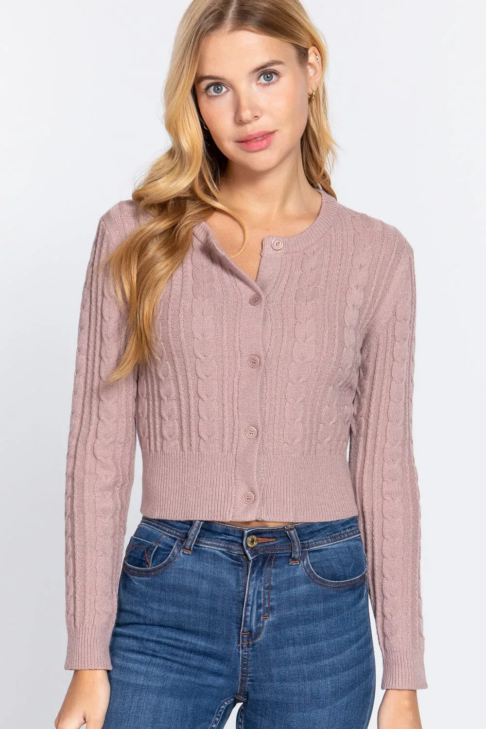 Beige Pink Long Sleeve Cropped Cardigan Crew Neck Solid Button Down Knit Bolero Shrugs_