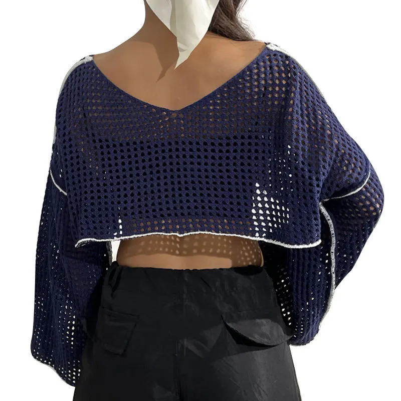 Bell Sleeve Cropped Sexy Short Top Street Casual Women Hollow Out Cutout Sweater