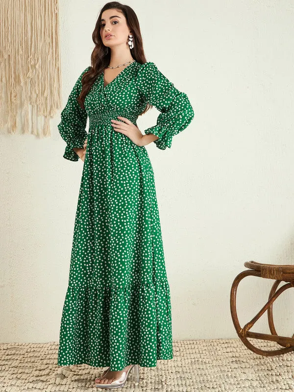 Berrylush Women Green & White Floral Printed V-Neck Bishop Sleeves Flounce Hem Ruffled A-Line Maxi Dress