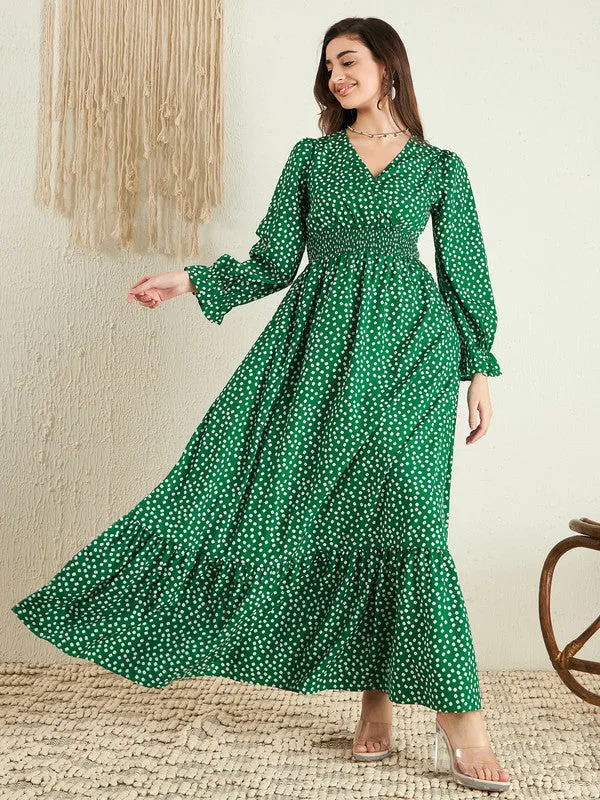 Berrylush Women Green & White Floral Printed V-Neck Bishop Sleeves Flounce Hem Ruffled A-Line Maxi Dress