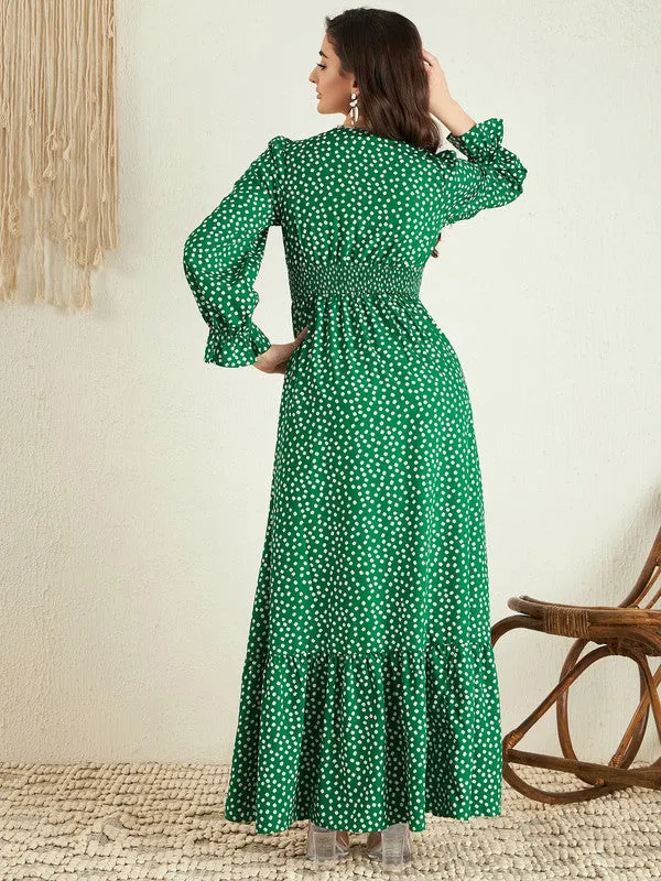 Berrylush Women Green & White Floral Printed V-Neck Bishop Sleeves Flounce Hem Ruffled A-Line Maxi Dress