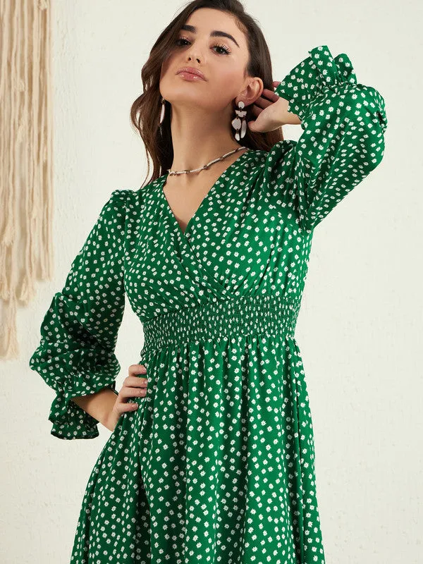 Berrylush Women Green & White Floral Printed V-Neck Bishop Sleeves Flounce Hem Ruffled A-Line Maxi Dress