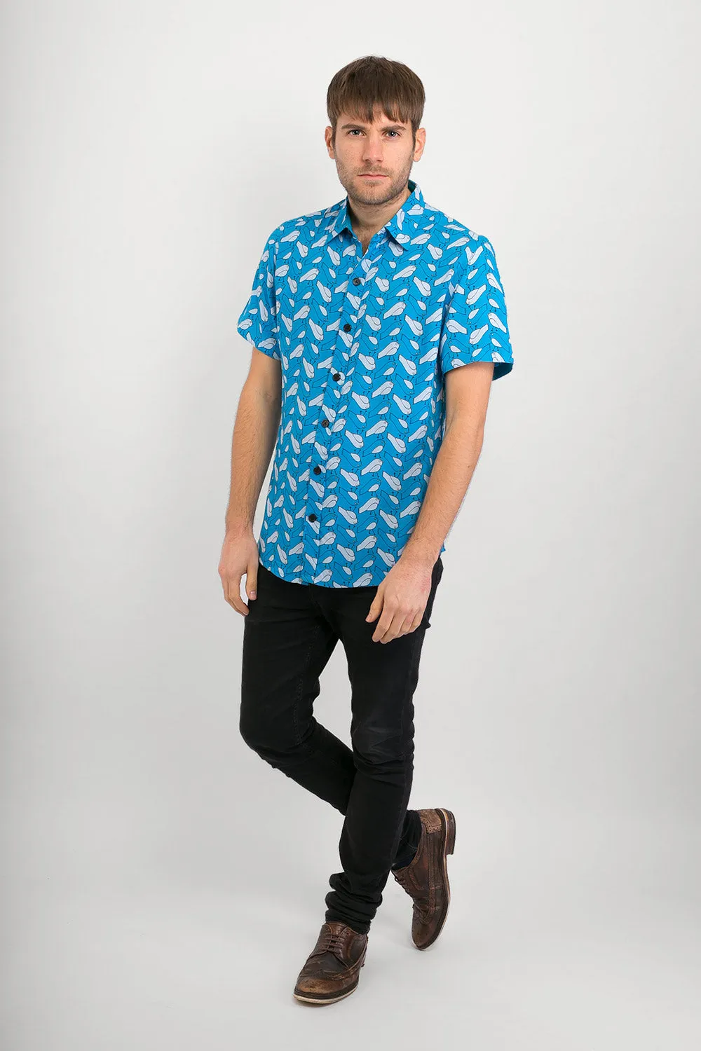 Birds Blue Print Cotton Slim and Regular Fit Mens Shirt Short Sleeve