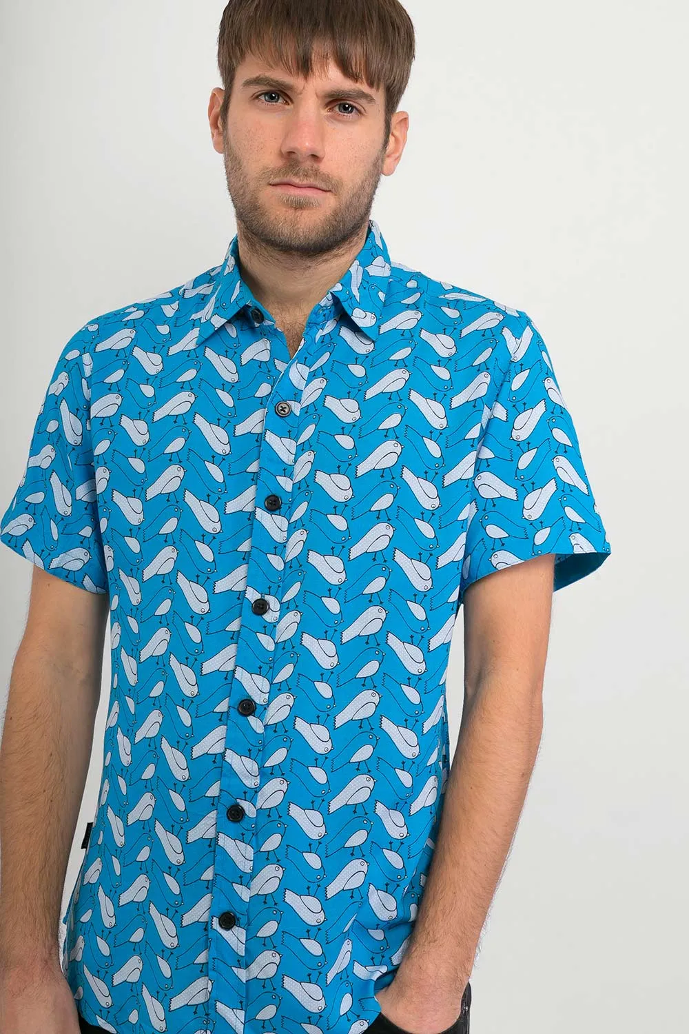 Birds Blue Print Cotton Slim and Regular Fit Mens Shirt Short Sleeve