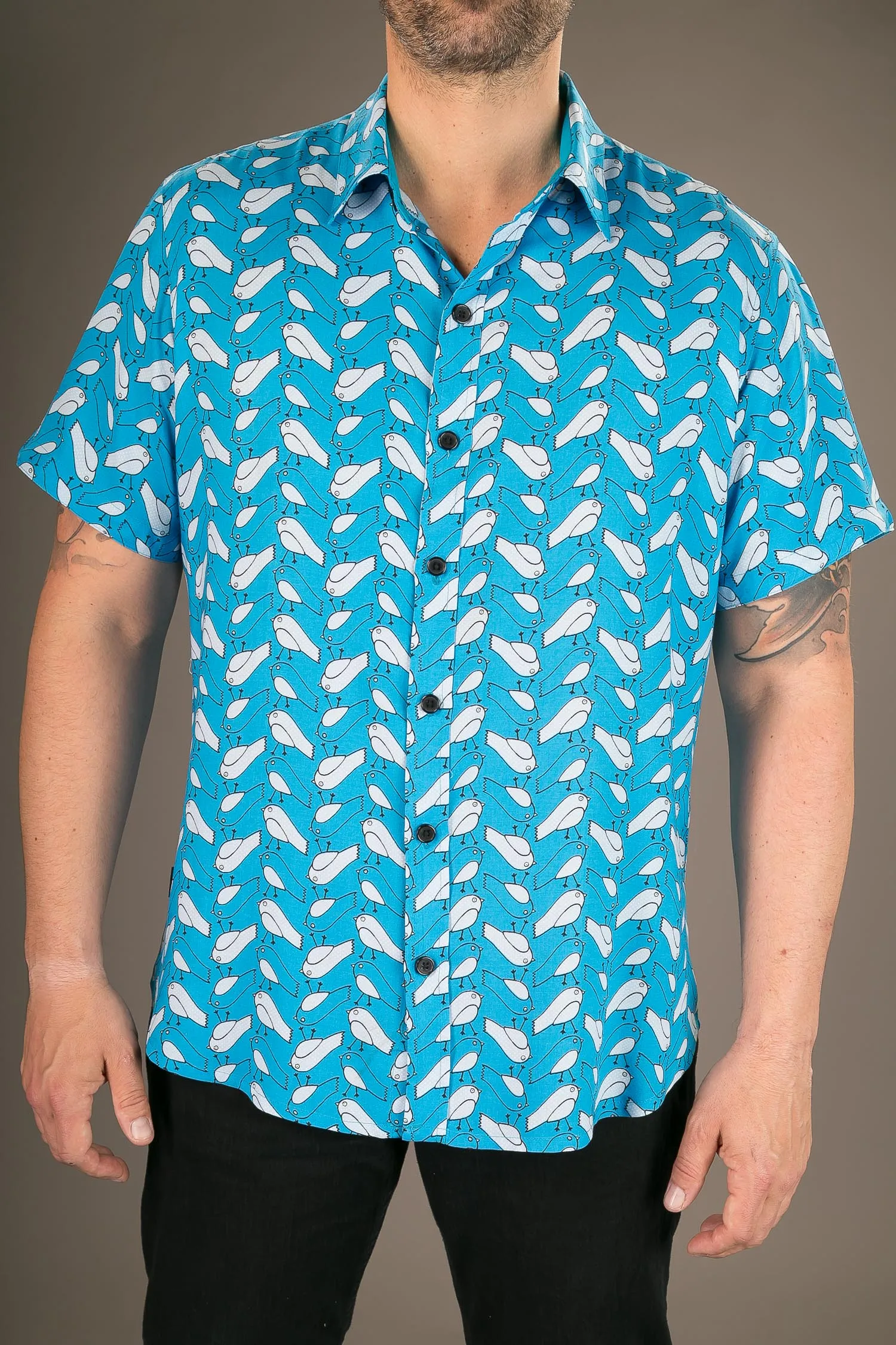 Birds Blue Print Cotton Slim and Regular Fit Mens Shirt Short Sleeve