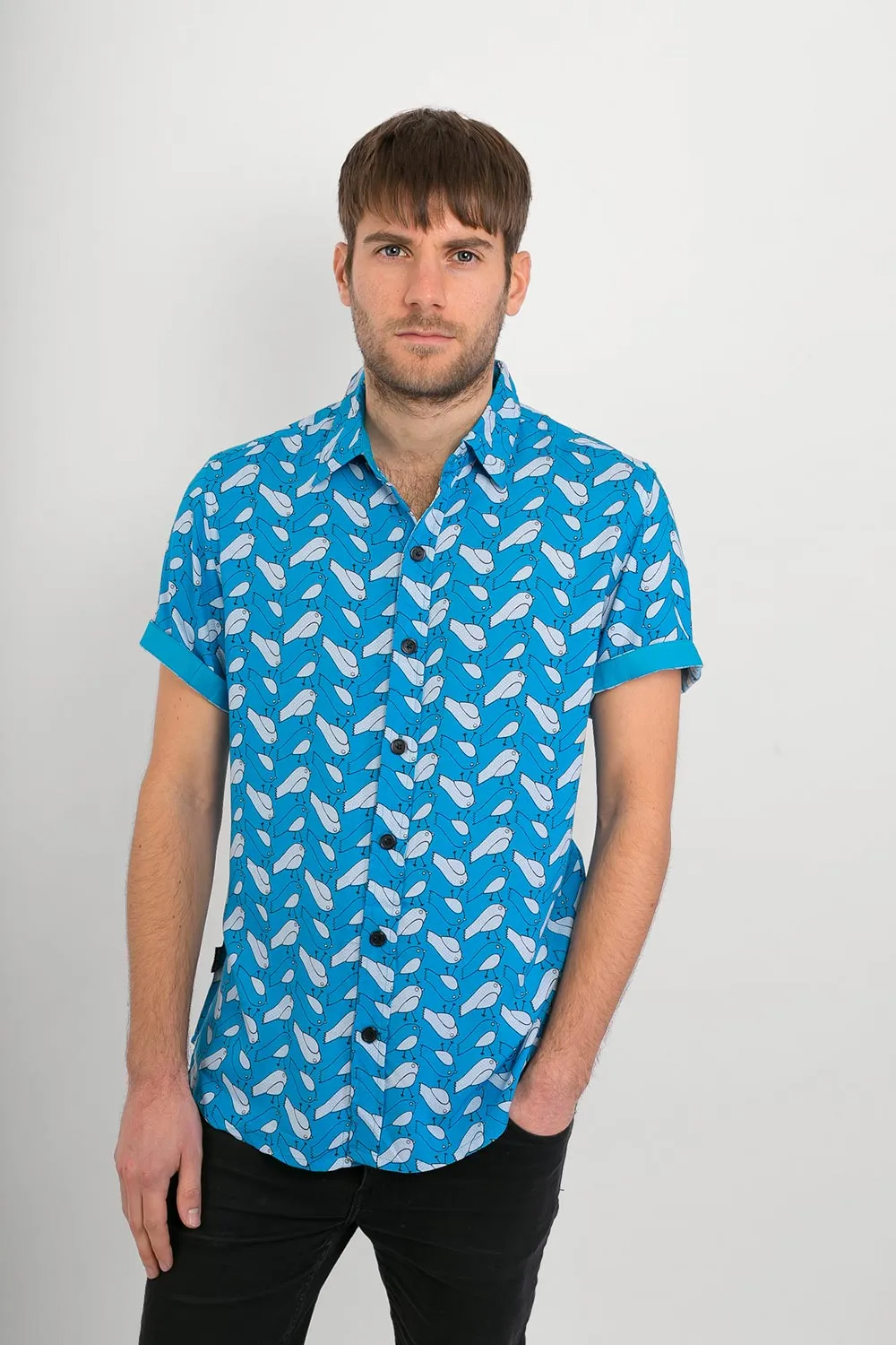 Birds Blue Print Cotton Slim and Regular Fit Mens Shirt Short Sleeve