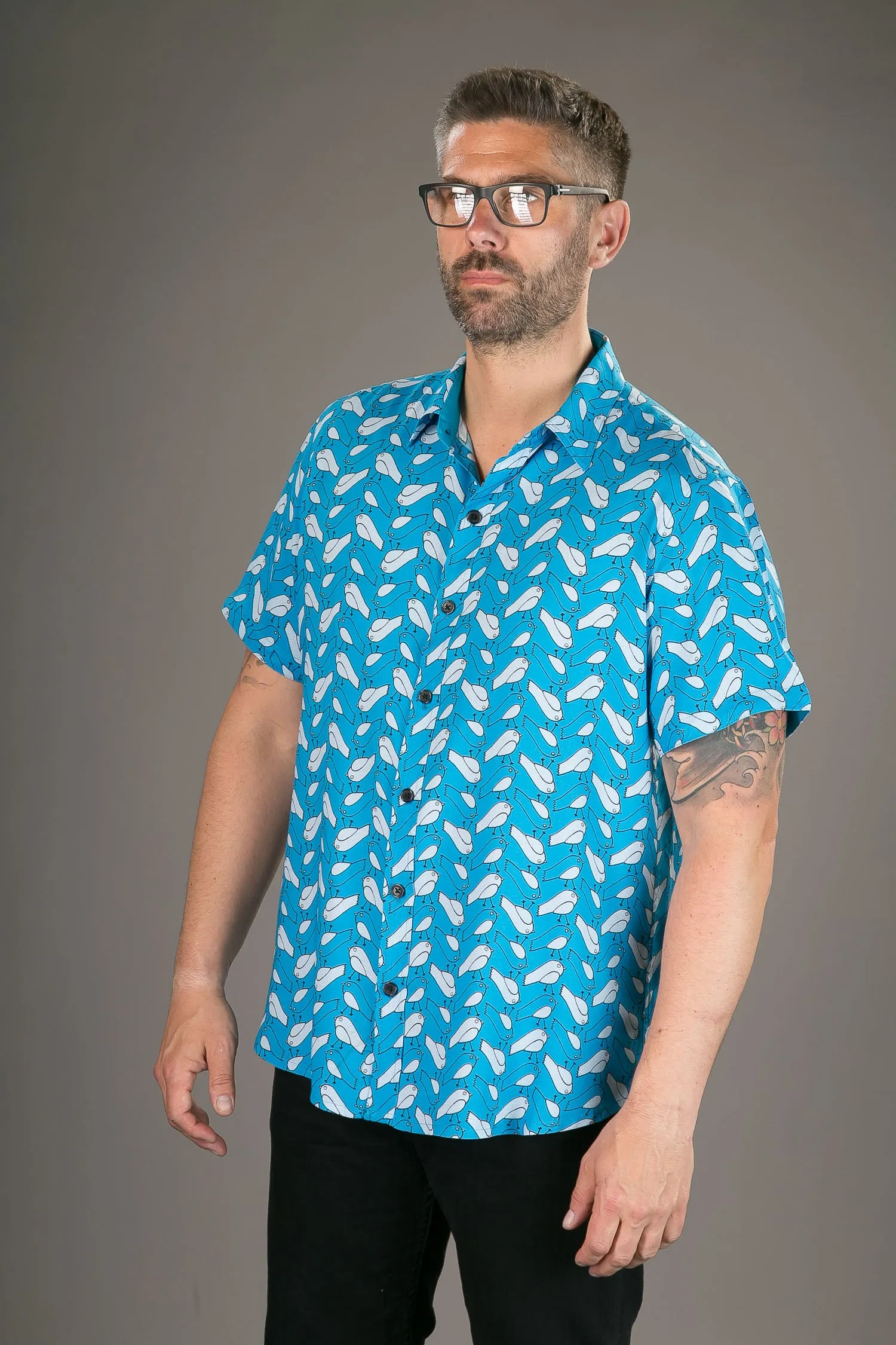 Birds Blue Print Cotton Slim and Regular Fit Mens Shirt Short Sleeve