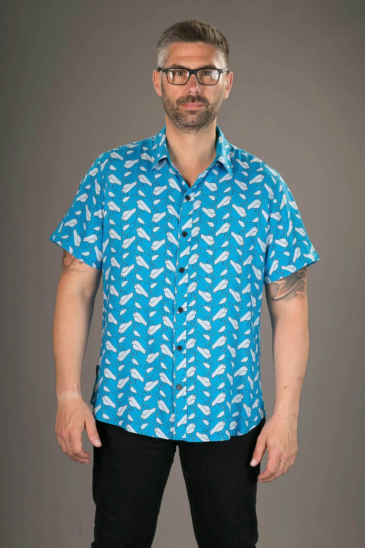 Birds Blue Print Cotton Slim and Regular Fit Mens Shirt Short Sleeve