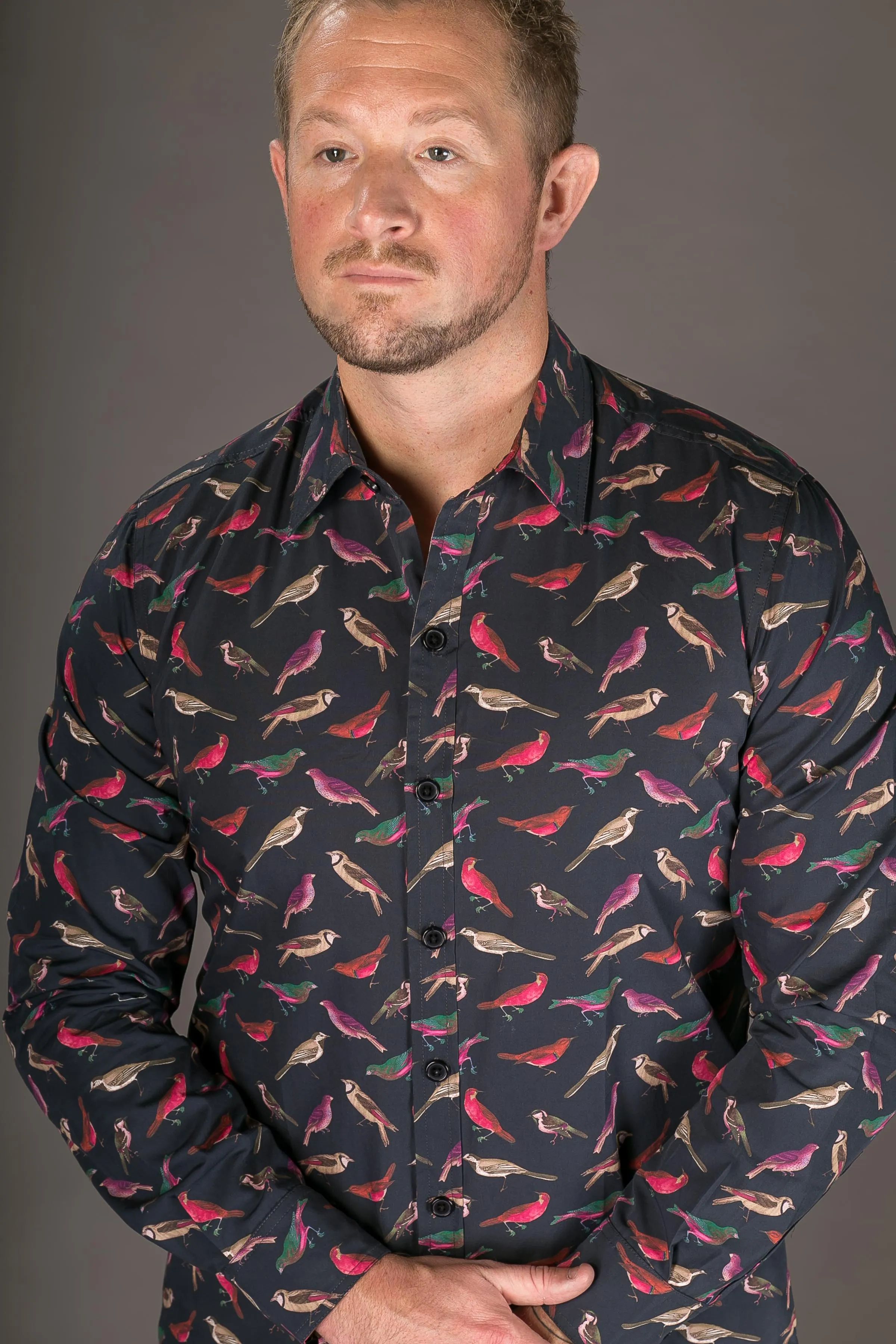 Birds Navy Blue Print Cotton Slim Fit Mens Shirt Long Sleeve