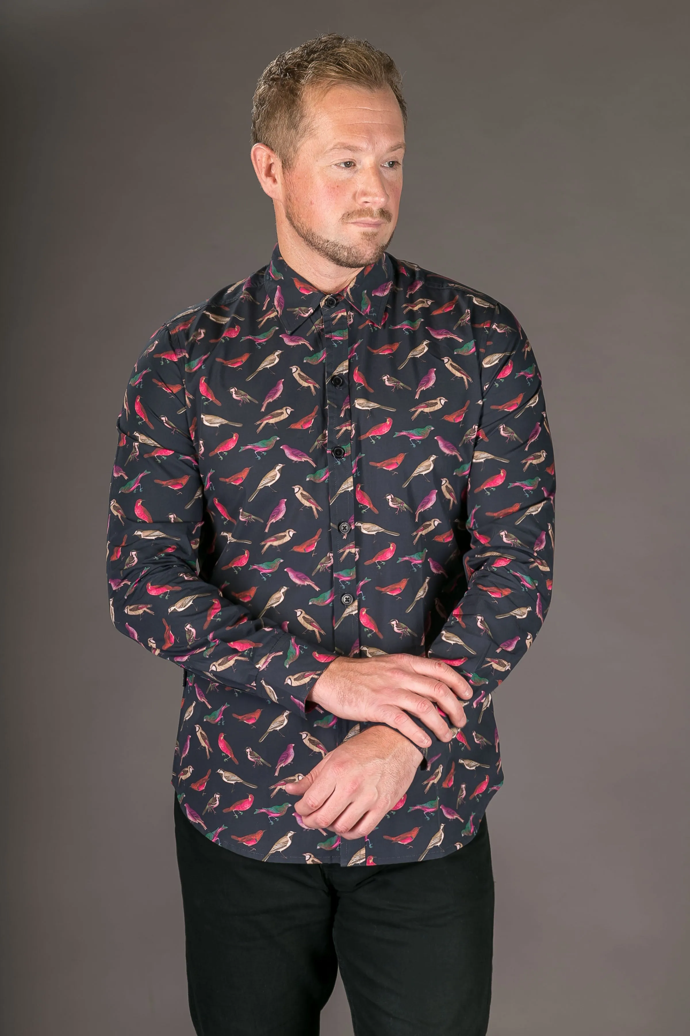 Birds Navy Blue Print Cotton Slim Fit Mens Shirt Long Sleeve