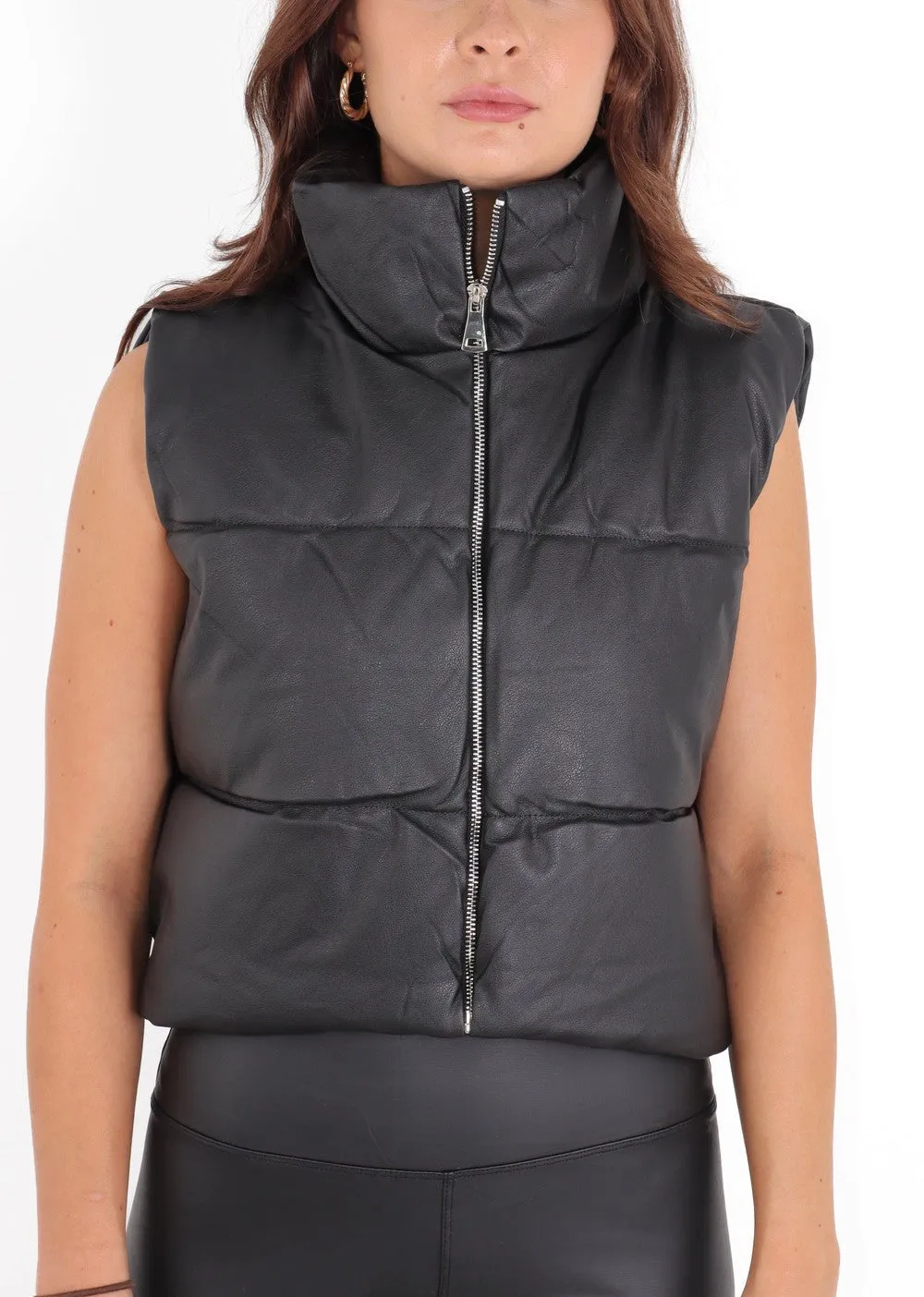 Black Cropped Faux Leather Puffer Gilet