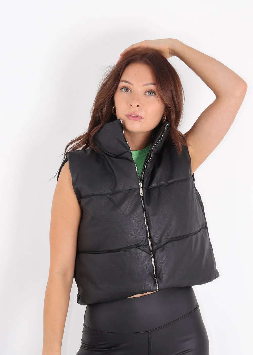 Black Cropped Faux Leather Puffer Gilet