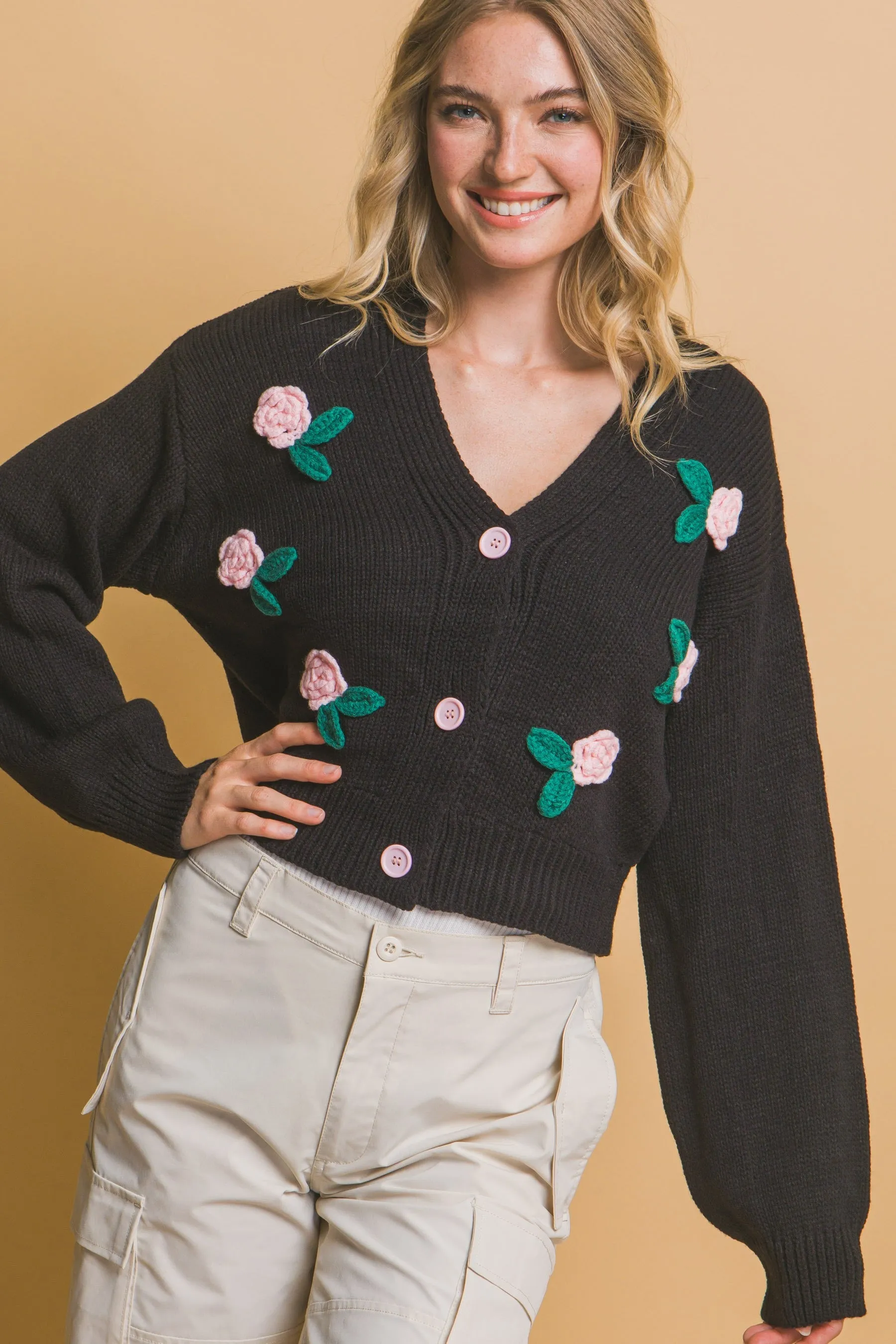 Black Mid Cropped Flower Cardigan